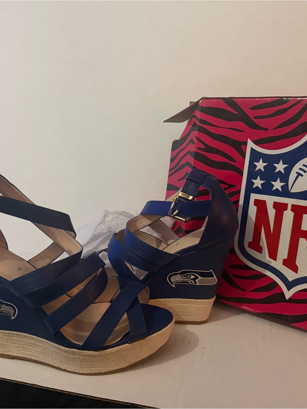 Women's Blue Espadrille Wedge Sandals with Seahawks Logo